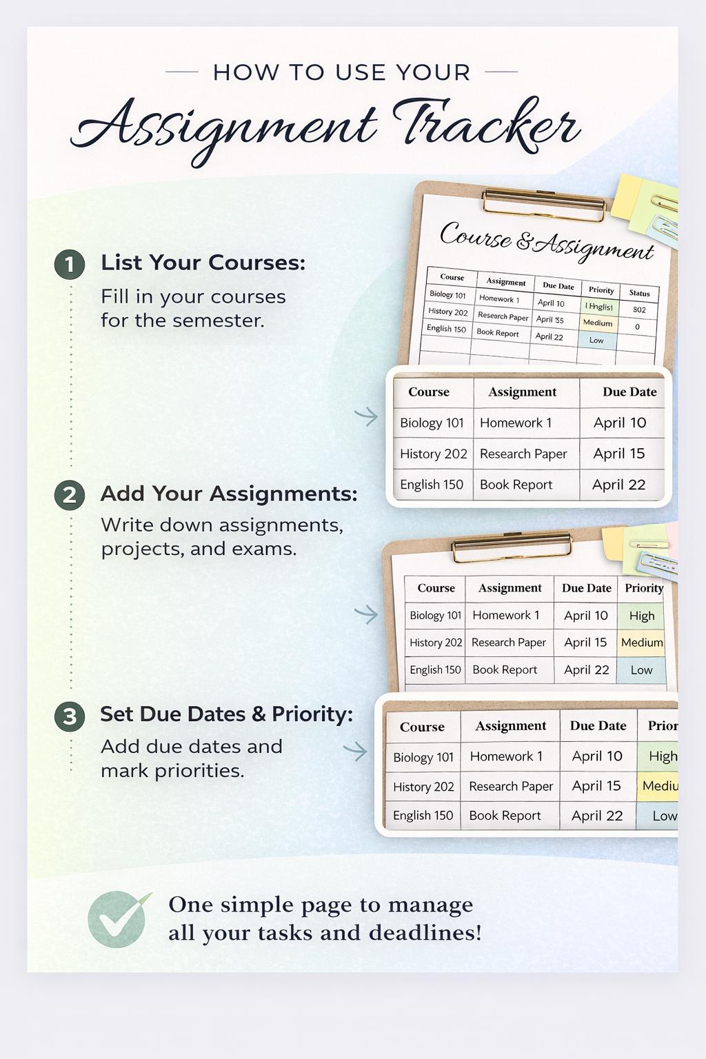 Student Assignment Tracker | Printable Homework Planner (digital ...