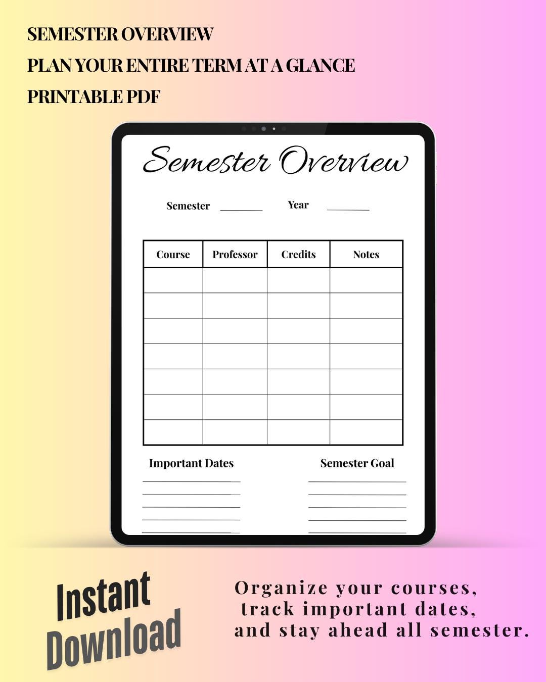 Semester Overview.pdf Semester Overview Planner | Minimal Academic Organizer (digital ...