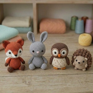 Paquete de patrones 4 en 1 de Amigos del Bosque | Zorro, Conejo, Búho, Erizo Amigurumi | Tutorial de crochet en PDF