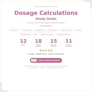 Guía de estudio sobre cálculos de dosificación en enfermería / Fórmulas, velocidades de goteo intravenoso, problemas de práctica y clave de respuestas / Preparación para el NCLEX / Descarga digital