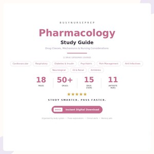 Puede incluir: Guía de estudio digital "Farmacología" en rosa y blanco, que detalla las clases de medicamentos, los mecanismos y las consideraciones de enfermería. Cubre 11 categorías de medicamentos, con 18 páginas, más de 50 medicamentos, 15 tallos de medicamentos y 11 pares de antídotos. Descarga digital instantánea.