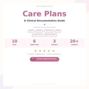 Puede incluir: Un documento digital titulado "Care Plans & Clinical Documentation Guide" con texto rosa. Incluye secciones para ADPIE, NANDA, SOAP Notes y SBAR. El documento ofrece 10 páginas, 6 planes de muestra, 3 plantillas y más de 20 diagnósticos. Descarga digital instantánea.