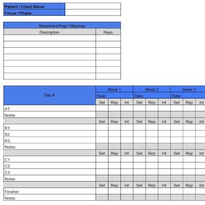 May include: A workout tracking sheet with a blue header and grid layout. The sheet includes sections for patient information, movement prep, and a three-week workout schedule. It has spaces for sets, reps, and rest intervals.