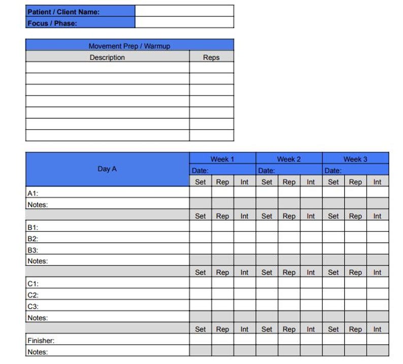 May include: A workout tracking sheet with a blue header and grid layout. The sheet includes sections for patient information, movement prep, and a three-week workout schedule. It has spaces for sets, reps, and rest intervals.
