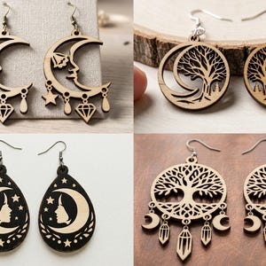 May include: A collection of wooden earrings in various celestial and nature-inspired designs. Styles include crescent moons with faces, tree of life, and teardrop shapes with moon and star motifs. The earrings are light brown and black.