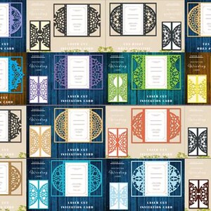 May include: A collection of sixteen laser-cut invitation cards in various colors including purple, black, gold, blue, green, yellow, orange, and brown. Each card features intricate filigree patterns and a central white rectangular insert.