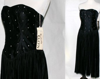 80s Black Velvet Bustier Dress with Original Tags Size 8