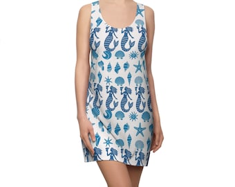 Vestido azul estilo sirena con espalda deportiva / Estampado integral de conchas, estrellas de mar y sirenas