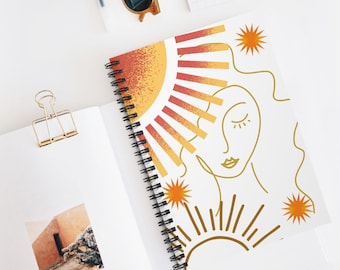 Cuaderno espiral con diseño abstracto de rostro solar / Cuaderno con renglones estilo Boho Sunburst