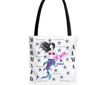Bolso tote Paz and Love Mermaid / Bolso de poliéster hilado con estampado integral