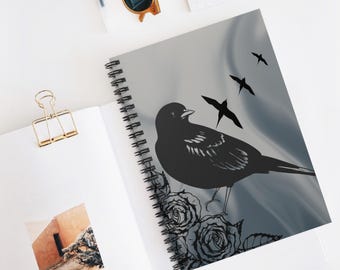Cuaderno de espiral con diseño de pájaro negro y rosas / Cuaderno rayado