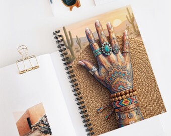 Cuaderno de espiral estilo boho con diseño de henna / Diario rayado, Arte del tatuaje del suroeste