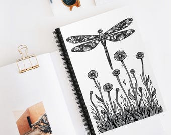 Cuaderno de espiral con ilustración floral de libélulas / Cuaderno rayado