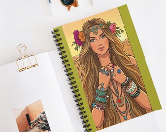 Cuaderno ilustrado de diosa bohemia / Diario con renglones en espiral