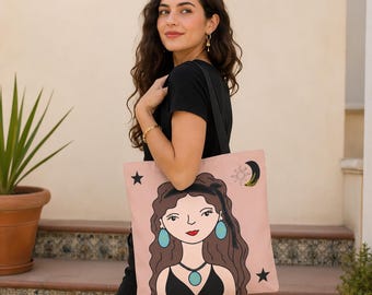 Bolso tote con ilustración de diosa bohemia / Luna creciente, sol y estrellas