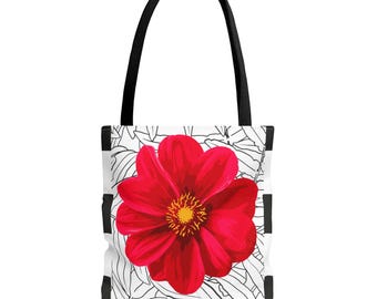 Bolso tote rojo con estampado floral de dalias / Atrevido estampado floral