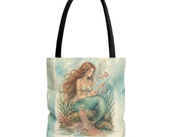 Bolso tote con estampado integral de sirenas / Bolso playero informal (33 x 33 cm)