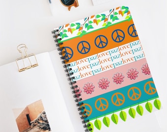 Cuaderno de espiral con rayas florales y símbolo de la paz / Diario rayado