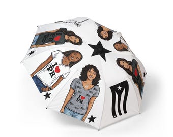 I  PR women illustration Umbrella | Puerto Rico pride pattern, foldable umbrella
