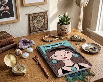 Cuaderno espiral con ilustraciones de chica bohemia / Diario personalizado con renglones y nombre