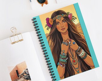 Cuaderno de espiral con ilustración de diosa bohemia / Diario rayado