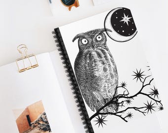 Cuaderno espiral con renglones del Búho Iluminado por la Luna / Diario con renglones