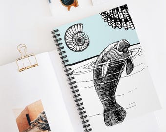 Cuaderno espiral con ilustración de manatí / Cuaderno rayado de vida marina náutica