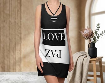 Vestido de espalda cruzada a rayas LOVE PAZ / Vestido con texto en blanco y negro