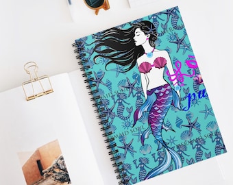 Cuaderno espiral con ilustración de sirena / Diario rayado, diseño de conchas marinas
