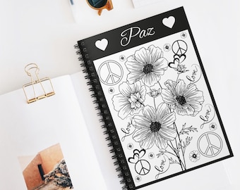 Cuaderno/Diario de espiral con símbolos florales de la paz de Paz