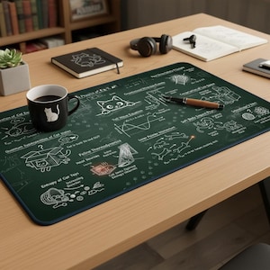 May include: A green desk mat with a chalkboard design featuring cat-themed science diagrams and equations. A black coffee mug with a white cat silhouette sits on the mat. Other items include a notebook, pen, and headphones.