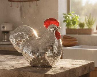 ディスコボールチキンフィギュア、レトロな70年代ミラータイルアニマルデコレーション、ファンキーな手作り棚飾り、ユニークで風変わりな新築祝いギフト