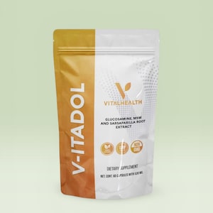 May include: A white and gold pouch of V-ITADOL dietary supplement. The pouch features the Vitalhealth logo and text indicating the product contains Glucosamine, MSM, and Sarsaparilla Root Extract. The net content is 60 capsules with 530 mg.