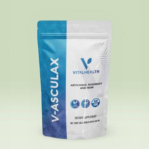 May include: A white and blue pouch of dietary supplements. The pouch is labeled "V-ASCULAX" and "VITALHEALTH". The ingredients listed are artichoke, rosemary, and MSM. The pouch also has "NON GMO" and "100% Natural" labels.