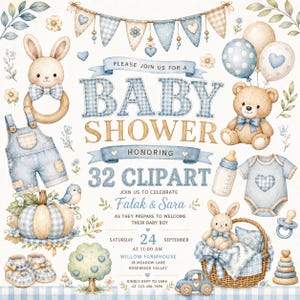 May include: A baby shower invitation with watercolor illustrations. The design features a blue and tan color scheme with a teddy bear, balloons, a bunny, and the text "Baby Shower". The invitation includes the names Falak & Sara.