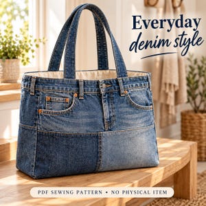 May include: A tote bag constructed from blue denim fabric featuring a waistband with belt loops, a button closure, and pockets. The bag has two handles and a light-colored interior lining. Text on the image reads Everyday denim style.