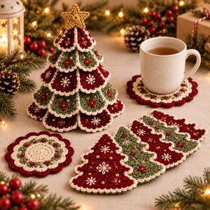 May include: A crocheted Christmas tree ornament with a gold star topper, featuring layered red and green scalloped panels with white embroidery and gold beads. Includes a round coaster and several flat, tree-shaped crocheted coasters.