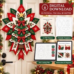 Quilted Christmas Door Hanger Sewing Pattern PDF, A4 Printable Templates + SVG Files, Holiday Decor