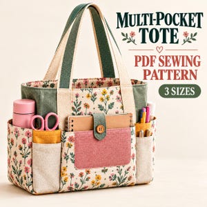 Könnte beinhalten: Eine Mehrzweck-Tragetasche mit Blumenmuster in Rosa und Gelb auf cremefarbenem Grund. Die Tasche hat grüne Henkel, eine rosafarbene Vordertasche mit Knopfverschluss sowie Seitentaschen mit einer rosa Flasche, einer Schere und Stiften.
