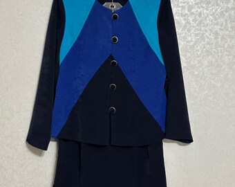 Conjunto de falda y traje geométrico con bloques de color de Leslie Fay, azul marino, estilo vintage retro de los 90.