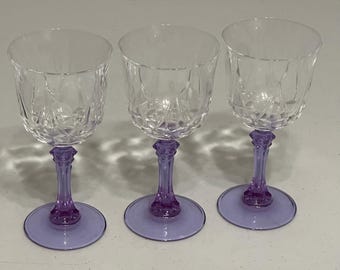 3 Purple Stem Crystal Wine Goblets Diamond Pattern Vintage Lavender Glass