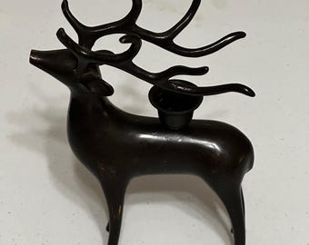 Vintage Brass Reindeer Taper Candle Holder Dark Bronze Finish MCM Deer 7"