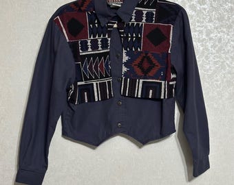 Chaleco de capas estilo suroeste de las montañas Ozark, de algodón corto, estilo western, azul marino, vintage, talla S