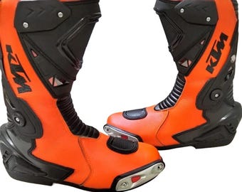 KTM Motorcycle Racing Boots, Orange Black Leather Motorbike Riding Shoes, Custom Biker Gear