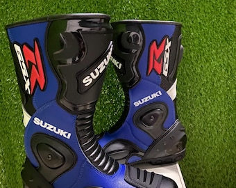 Suzuki GSXR Motorcycle Racing Boots | Blue Black Leather Motorbike Riding Shoes | Protective Biker Track
