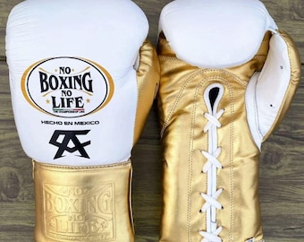 White & Gold Boxing Gloves – Luxury Lace-Up Sparring Gloves – Mexican Style Fight Gear for Training