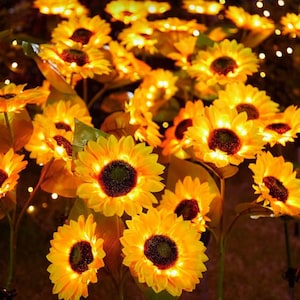 May include: A collection of illuminated artificial sunflowers. The sunflowers have bright yellow petals, dark brown centers, and green leaves. Each flower is lit with warm white lights, creating a glowing effect. The image is taken outdoors, possibly in a garden.