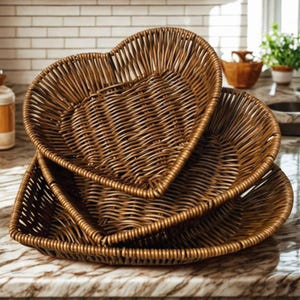 May include: Three heart-shaped woven baskets in varying sizes are stacked on a marble countertop. The baskets are a warm brown color, with a textured, woven design. The background includes a kitchen setting with a white tile backsplash.