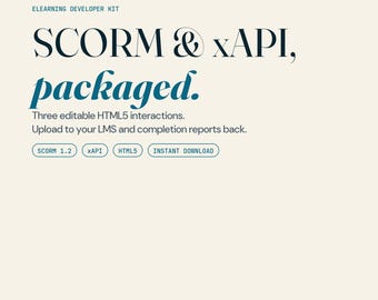 SCORM Package Kit for eLearning Developers, 3 Editable HTML5 Interactions, SCORM 1.2 & xAPI, Knowledge Check Branching Adaptive