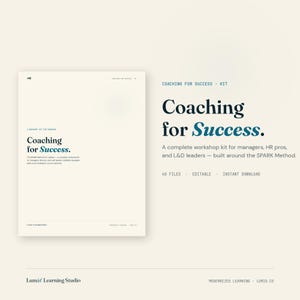Pode incluir: Documento branco com o título "Coaching for Success" em negrito, azul escuro. O texto é para gestores, profissionais de RH e líderes de L&D. O kit inclui 40 arquivos e é para download imediato.
